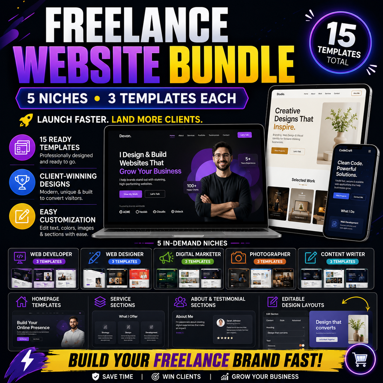 Freelance Website Bundle — 5 Niches 3 Templates Each
